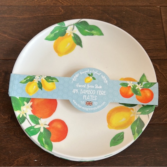 Other - Harvest Green Studio Bamboo Lemon Floral  Print Dinner Plates Set of 4 NEW